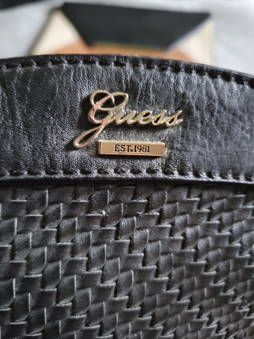 Guess Women's Black Woven Tote Bag with Gold Logo